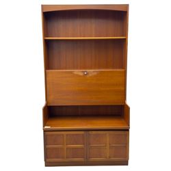 Nathan - teak wall unit and corner TV unit, bookcase unit with fixed shelves, locking fall front writing surface and twin door base with recessed panels(H 194cm, W 102cm, D 45cm), along with a matching angled corner TV cabinet with cupboard and side shelving (H 51cm, W 91cm, D 48cm)