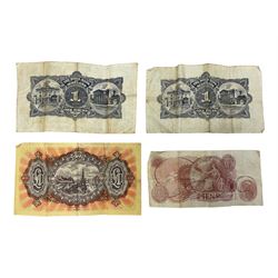 Great British banknotes, comprising Two The Royal Bank of Scotland Ballantyne one pound 'No AJ 876077' and 'No AU 555114', Bank of England Fforde ten shillings 'B30N', and The National Bank of Scotland one pound 'B/V 398-301'