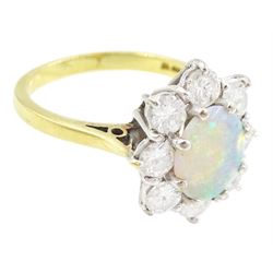 18ct gold opal and round brilliant cut diamond cluster ring, London 1976, opal approx 0.75 carat, total diamond weight approx 1.00 carat