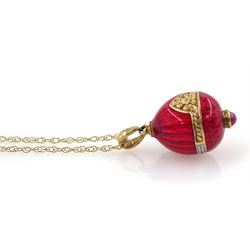9ct gold red enamel, diamond and ruby egg pendant necklace