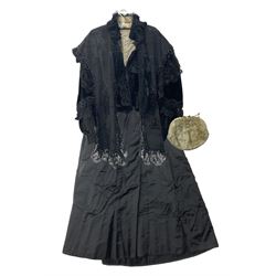 Victorian three piece mourning dress, with lace trim and jet beading, including velvet coat with satin collar panels and cuffs, the nipped waist with boning and slight flared peplum, heavily embellished beaded high neck collar, and ladies embroidered silk lined purse with gilt handle, mount and clasp