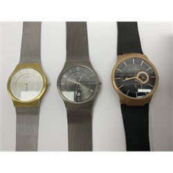 Five Skagen wristwatches, to include 233XLTTM, 809XLTRB, 233LGS, 233XLLTN and 433LGL1, four on Skagen stainless steel mesh straps, one on a Skagen leather strap, 