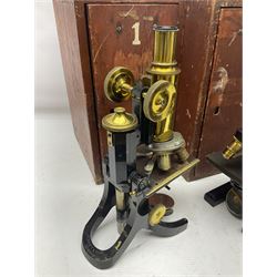 Three boxed microscopes, comprising Hawkslay & Sons Spencer Buffalo microscope no 68177, J Swift & Son microscope and R & J Back microscope no 30241