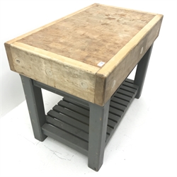 Beech butchers block, square supports joined by slatted undertier, W101cm, H80cm, D60cm