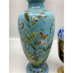 Blue opaque glass of baluster form vase painted with flowers and insects, together with other glassware to include pair of blue and white art glass Murano style vases etc, tallest H33cm (4)