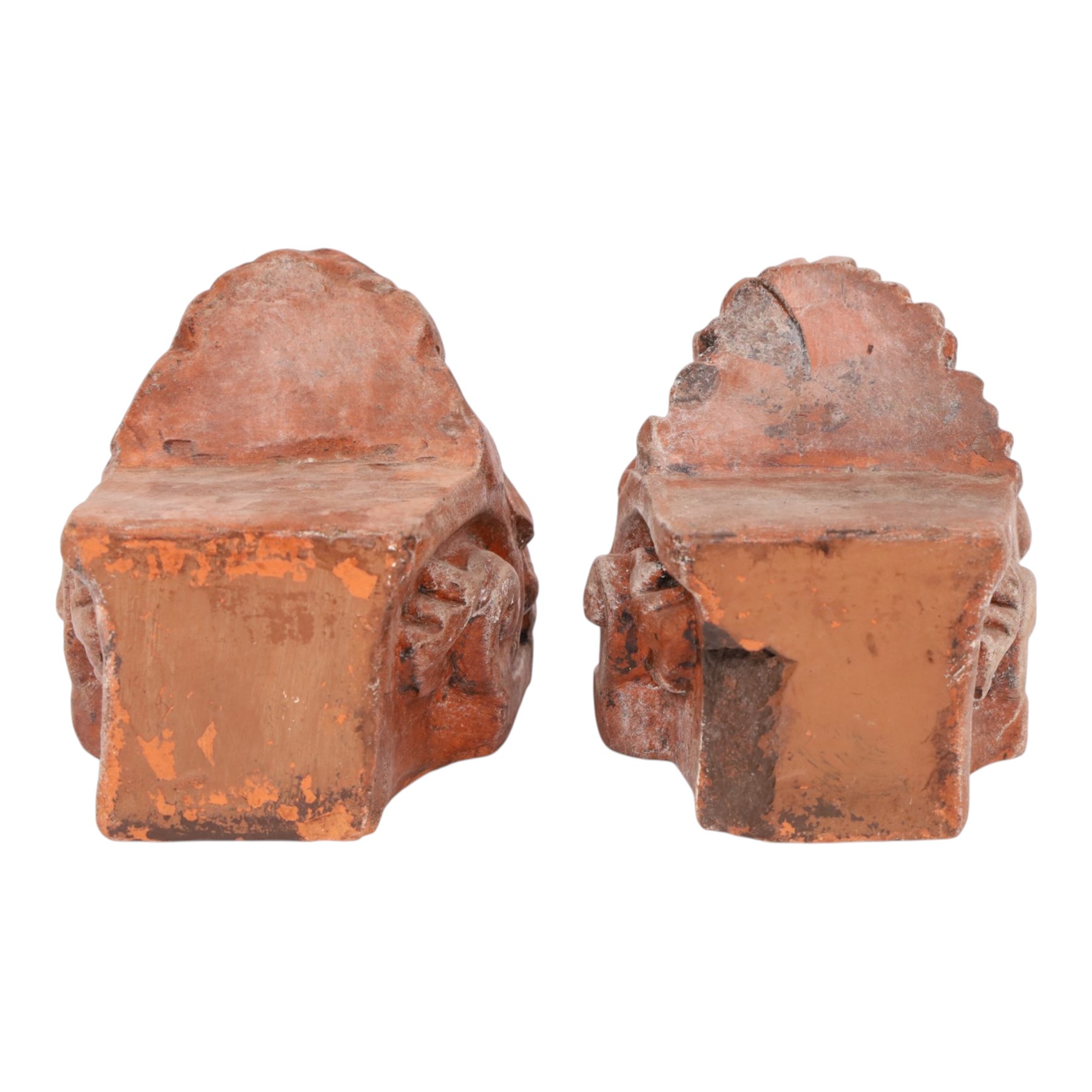 Pair of 19th century terracotta lion sash window rests, H18cm, L22cm