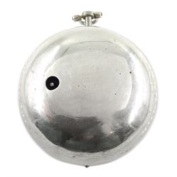 18th century silver pair cased verge fusee pocket watch by John Berry, London, No. 750, Egyptian pillars, pierced and engraved balance cock with scallop shell decoration, silver champleve dial with gilt border, Roman hours and outer Arabic minute ring, steel beetle and poker hands, dial signed Berry London