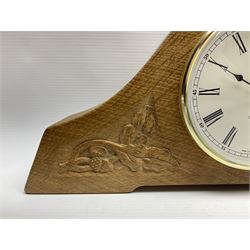Beaverman - oak arched top mantel clock, carved with beaver signature, acorn and oak leaf carvings to spandrels, fitted with Hermle Quartz movement with Roman dial, by Colin Almack, Sutton-under-Whitestone Cliffe, Thirsk
