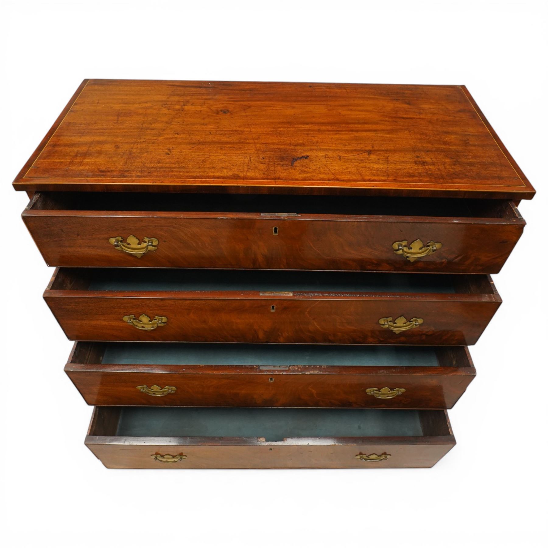 19th century mahogany straight-front chest, rectangular top with cross-banded edge, fitted with four long graduating cock-beaded drawers, lower moulded edge over bracket feet