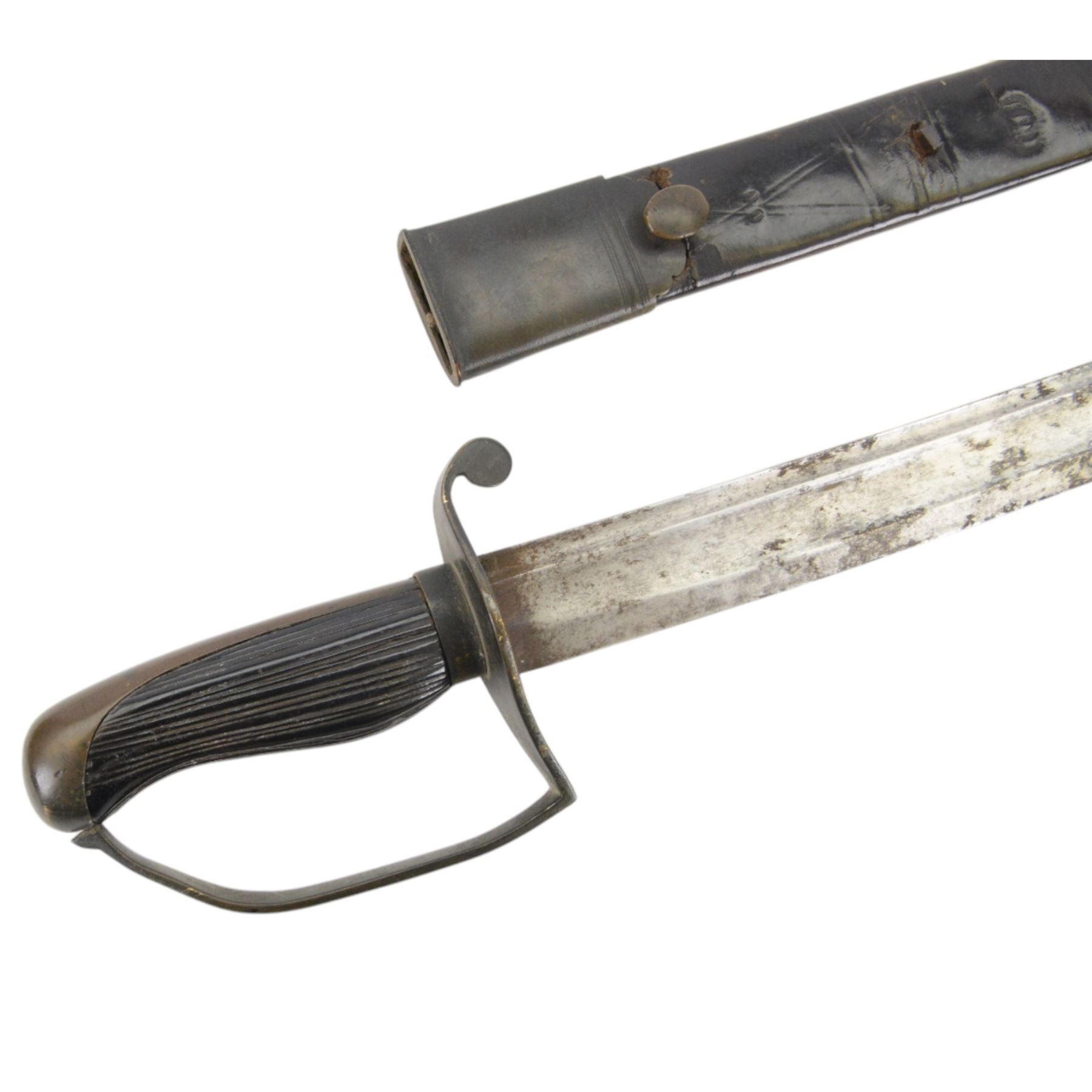 Georgian short sword, with 64cm curved single edge blade, iron guard with side loop and fluted ebony grip, with leather scabbard, L76cm