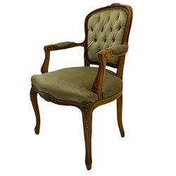 French style beech framed upholstered chair, and a small table with circular leather top