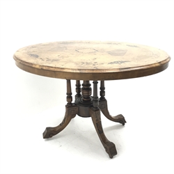 Victorian walnut oval loo centre table, five turned column base on four shaped supports, W115cm, H75cm, D88cm
