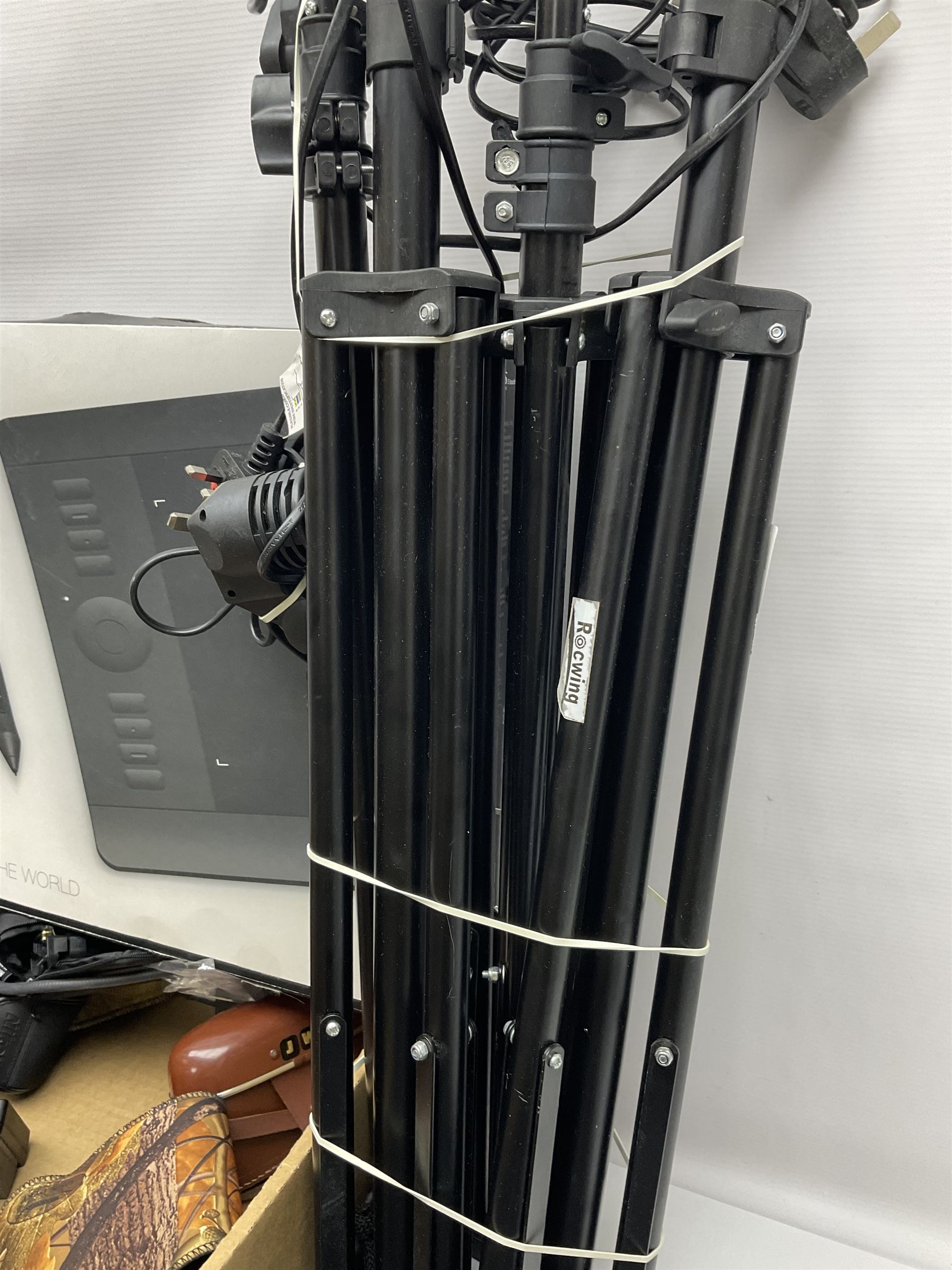 Rocwing photography studio lighting stands and shades, together with digital cameras and other camera equipment, in three boxes  