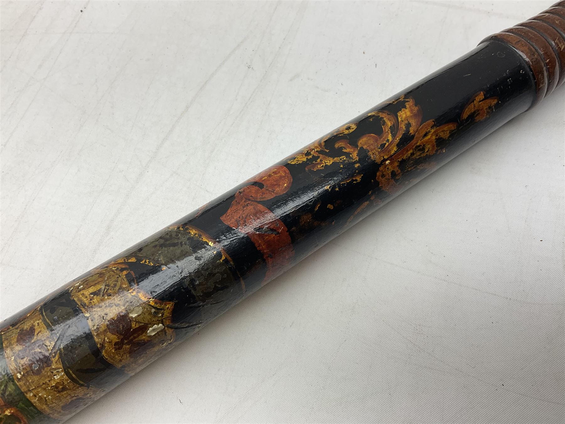 Victorian painted turned wood police truncheon by Field, dated 1851 painted in polychrome with the arms of Blackburn, including crest flanked by the date 18/51 and circumscribed BLACKBURN BOROUGH POLICE, stamped 'FIELD 233 HOLBORN'. L40.5cm. Auctioneer's Note: The borough of Blackburn received its Charter of Incorporation on 28 August 1851; together with two other unmarked turned wooden truncheons (3)