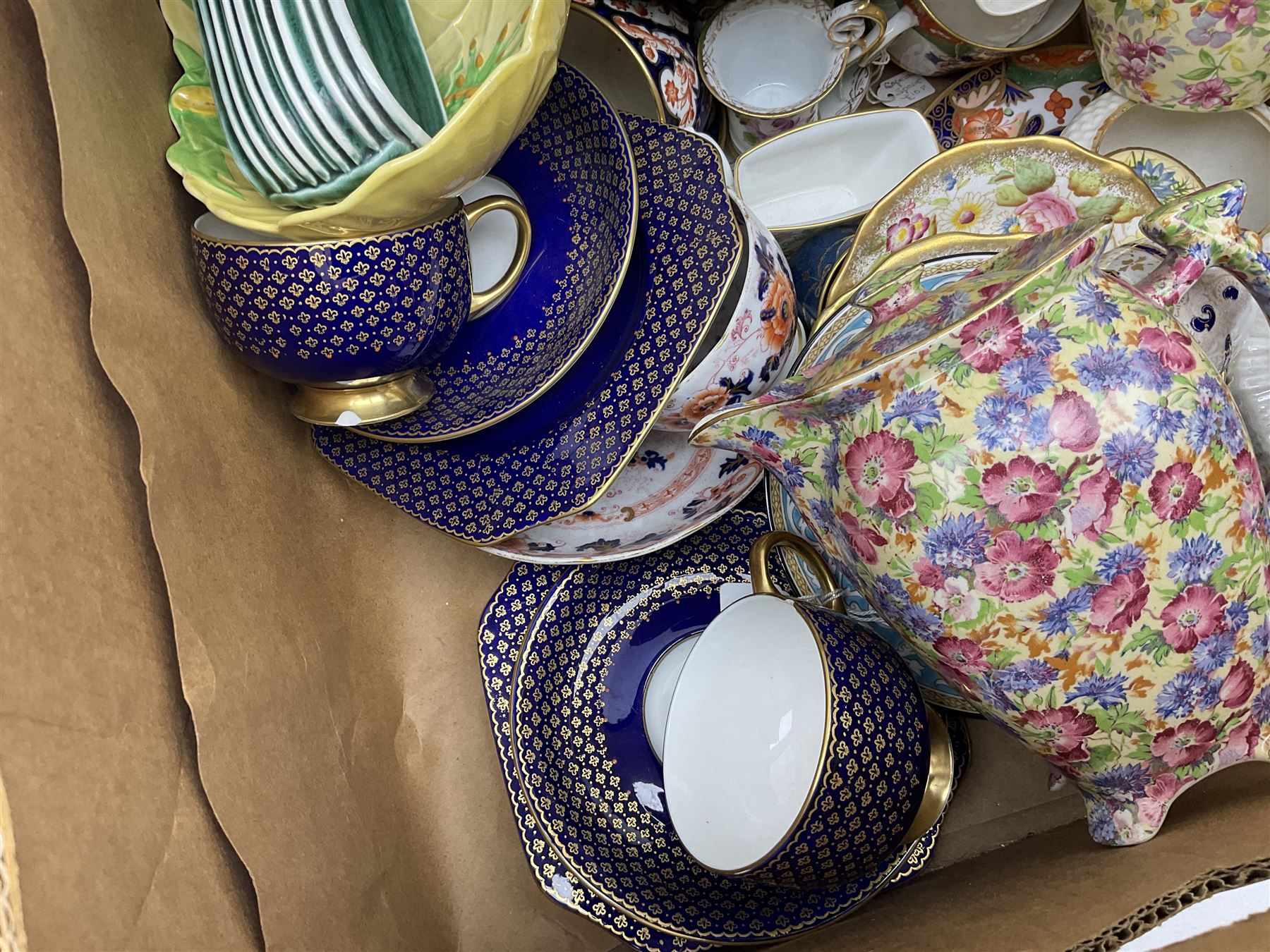 Belleek jug and small vase, together with continental white lustre Nautilus shell teapot,  Copeland teacup and saucer, Royal Crown Derby coffee cup and saucers, Davenport vase in Japan pattern, etc 