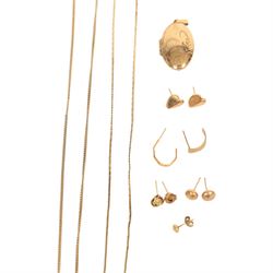 9ct gold jewellery, comprising signet ring, three pairs of stud earrings, single earrings, locket and two chains