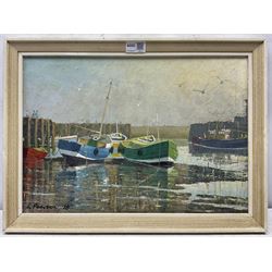 Les Pearson (British 1923-2010): Colourful Boats Bridlington Harbour, oil on board signed and dated '78, 32cm x 45cm