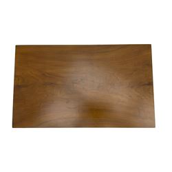 Beautility - early to mid-20th century walnut extending dining table, the additional leaf/coffee table with folding supports (76cm x 106cm - 153cm, H78cm); set of four dining chairs upholstered in teal leather 