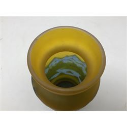 Art Nouveau style glass vase, in the style of Galle,the body decorated with woodland and mountain scene, upon a yellow ground, H20cm 