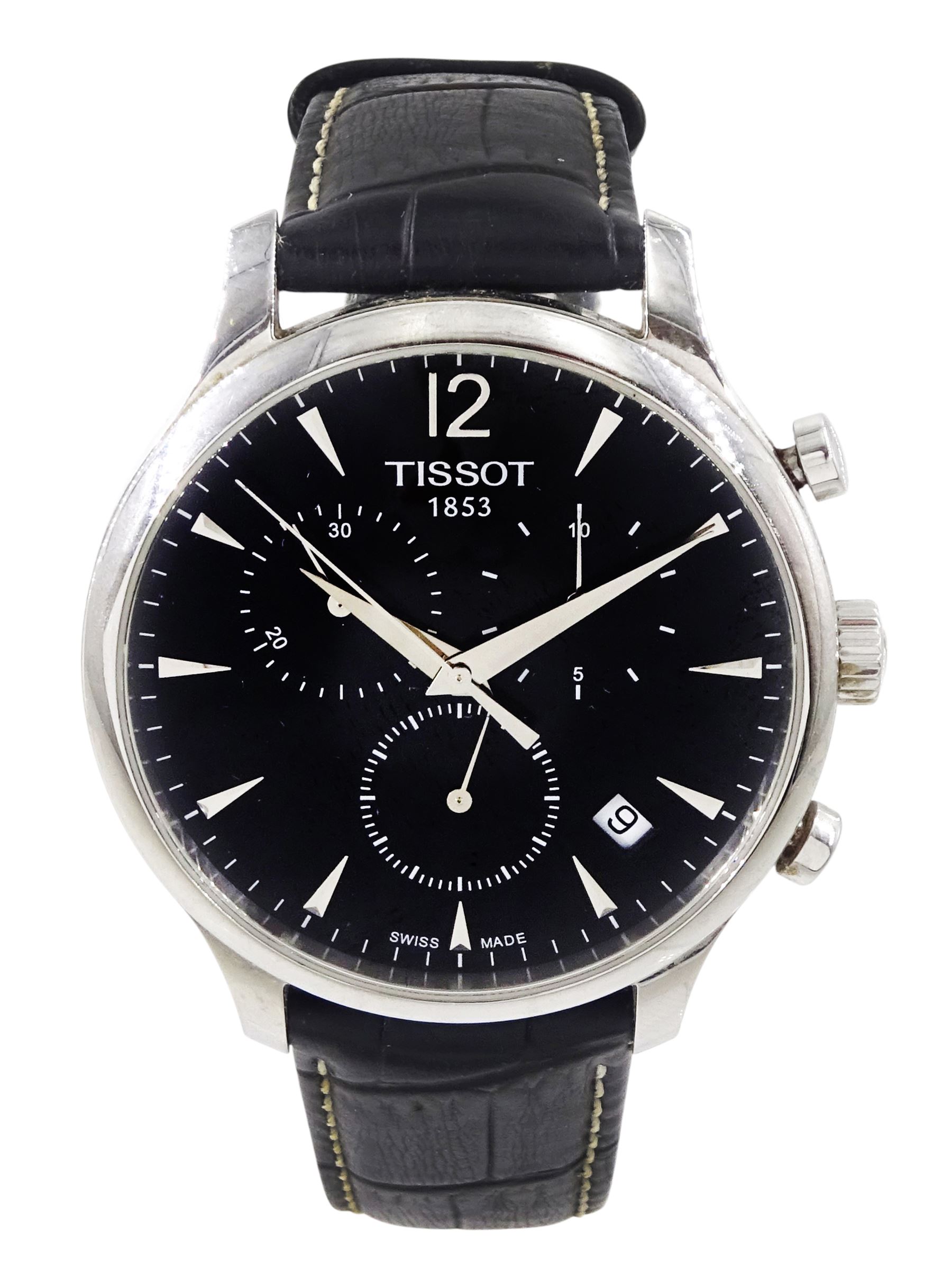 Tissot Traditional gentleman's stainless steel chronograph quartz wristwatch, Ref. T063617A, black dial with dagger hour markers and date aperture, on black leather strap with stainless steel fold-over clasp, boxed with warranty card dated 2016