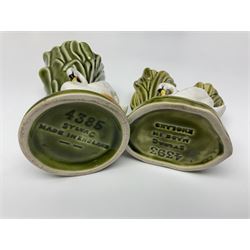 Sylvac budgieregar wall pocket, together with other Sylvac cermics including swan vases, blue tit vase and a frog figure etc, all with printed or impressed marks beneath, and a Poole Pottery cat figure, with printed mark beneath, wall pocket H22cm