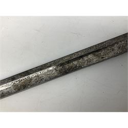 Victorian artillery officer's sword, the 90cm fullered steel blade by E. Thurkle Denmark Street Soho London decorated with Victoria cypher, Regimental crest and 'Royal Artillery', three-bar hilt with stepped pommel and wire-bound fish skin grip; in leather covered scabbard L107cm overall