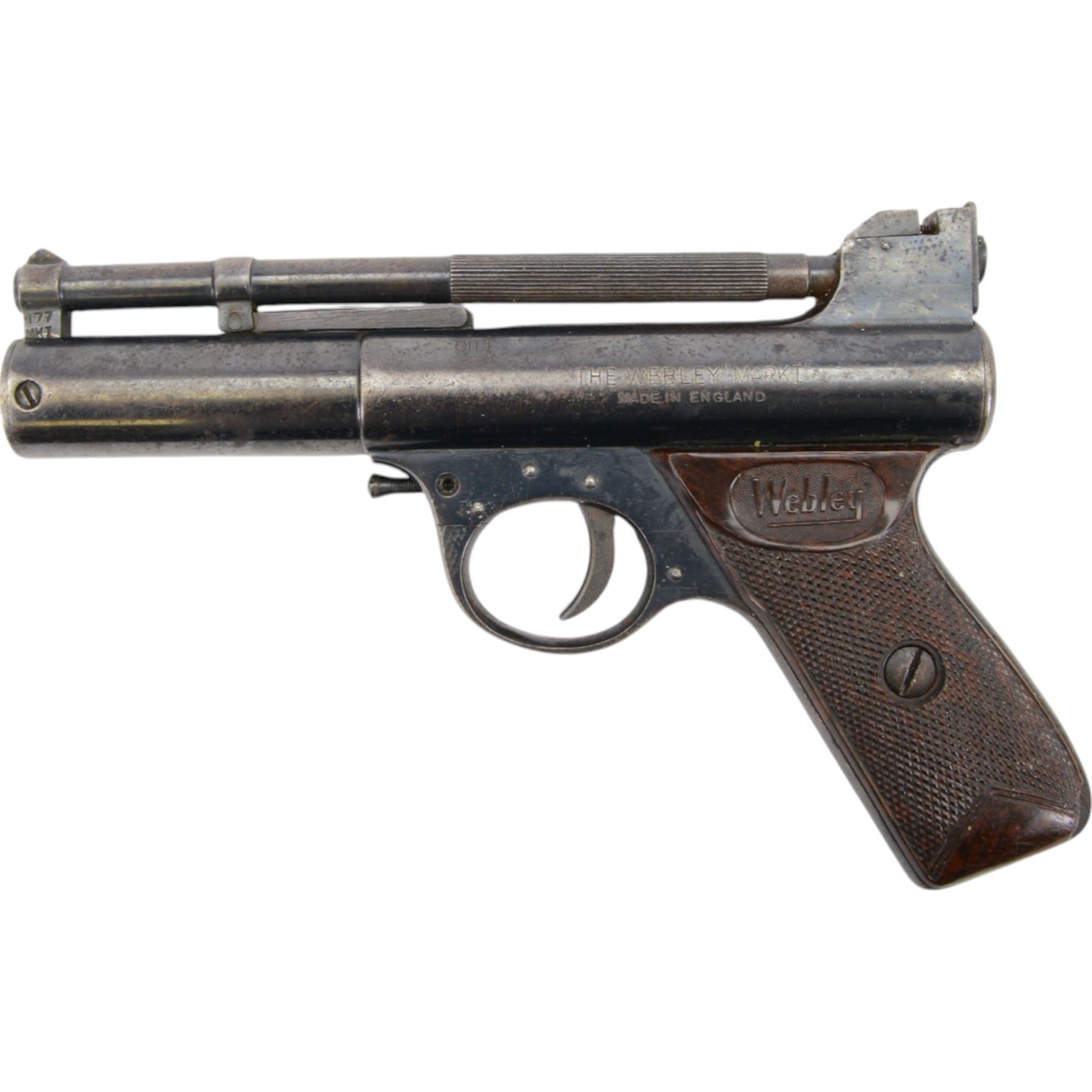 Webley Mark I .22 air pistol, batch 084, the air chamber marked 'The Webley Mark I Made in England, Webley & Scott Ltd Birmingham 4, Webley Patents', with brown checkered grip, H14cm, L19cm