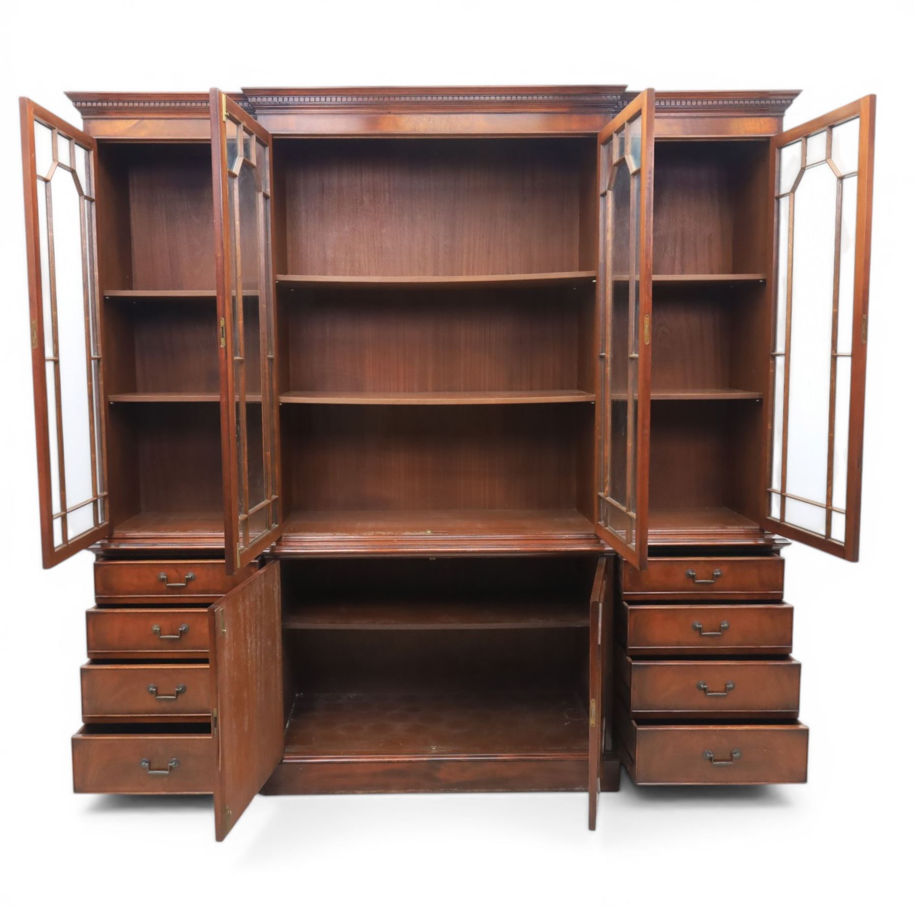 Wade Furniture - Georgian design mahogany breakfront bookcase cabinet, featuring four astragal glazed doors, above eight drawers and two cupboards, one fitted cutlery drawer