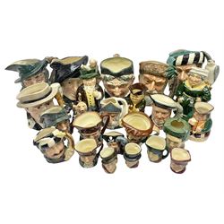 Large collection of Royal Doulton character jugs, to include Robinson Crusoe D6532, Tam O Shanter D6632, The Falconer D6533 etc, together with similar charater jugs and toby jugs   