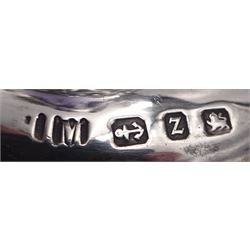 Victorian silver mounted blue glass trumpet vase, the silver mounts with pierced and embossed floral, C scroll and lattice decoration, with frilled rim, upon stepped circular foot, hallmarked Henry Matthews, Birmingham 1899