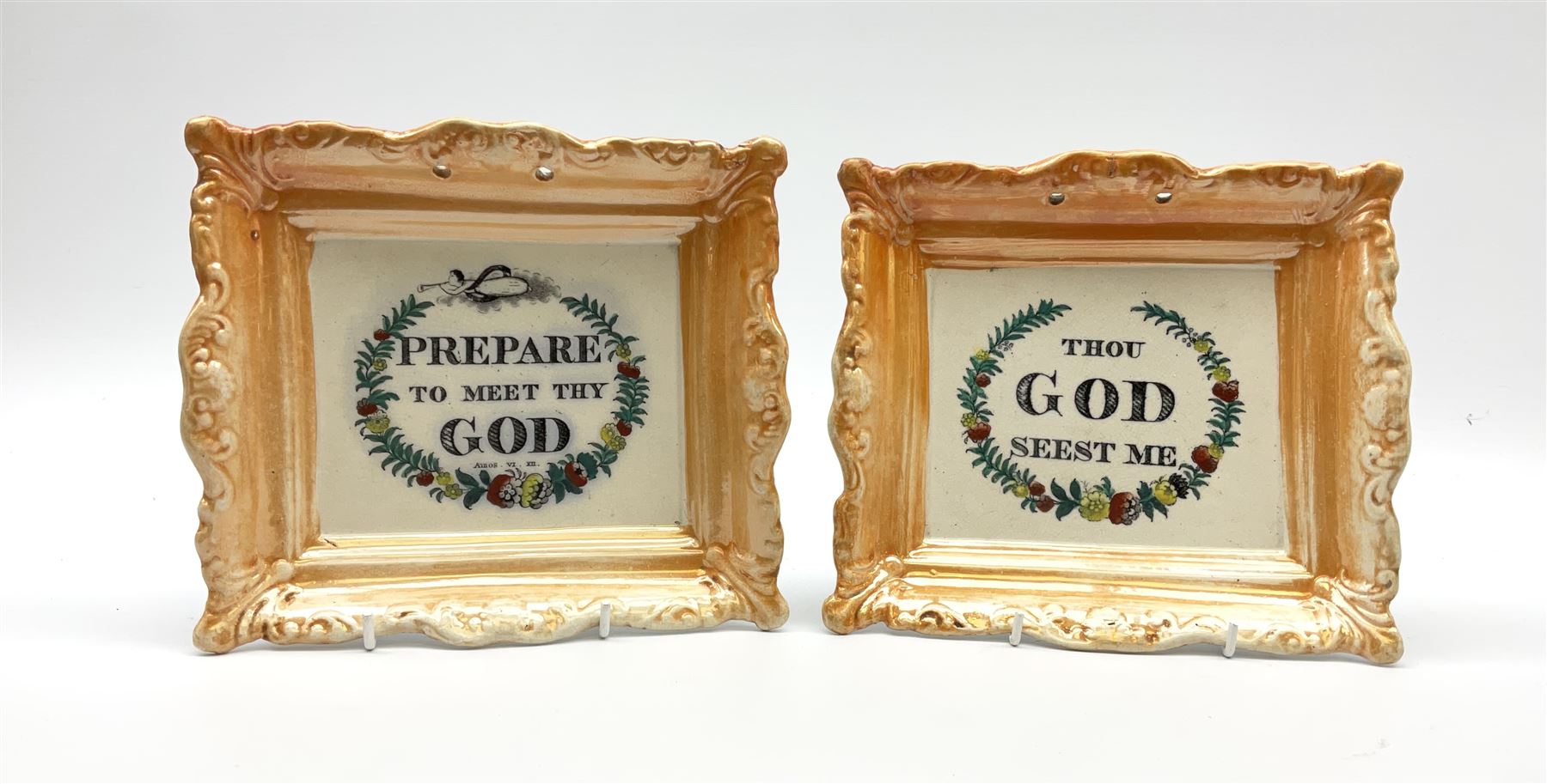 Two 19th century Sunderland orange lustre wall plaques, the first example inscribed Thou God Seest Me, the second example inscribed Prepare To Meet Thy God, H20cm L23cm.