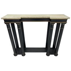Italian design ebonised reverse-breakfront console table, painted simulated marble top over ebonised pilasters with gilt piping, platform base on compressed bun feet