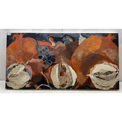Dorothy Thelwall (British Contemporary): 'Pomegranates and Chinese Lanterns', mixed media on board signed with initials and dated '07, title label verso signed and dated 56cm x 112cmJune 2007