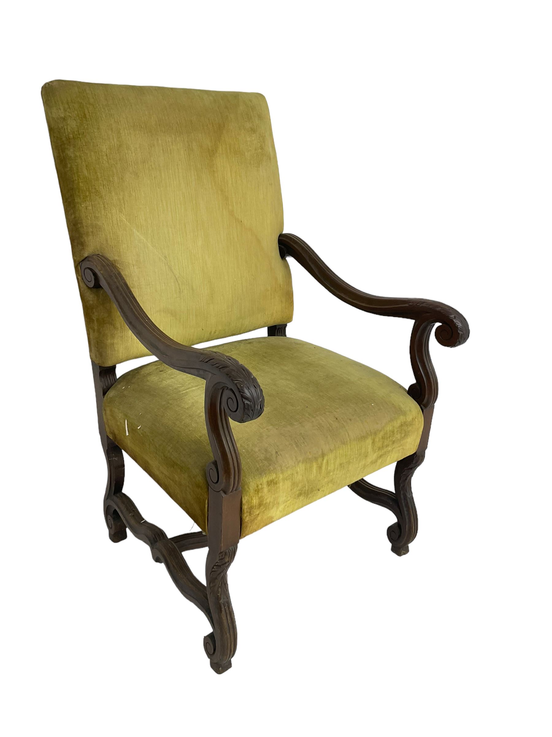 Early 20th century Carolean design mahogany framed throne chair, back and sprung seat upholstered in sage green fabric, scrolled amd reeded arms with carved oak leaf design, shaped supports with scroll feet united by waived stretchers
