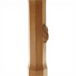 Rabbitman - oak side table, lightly adzed rectangular top, on a twin pillar base, with carved rabbit signature, by Peter Heap of Wetwang 