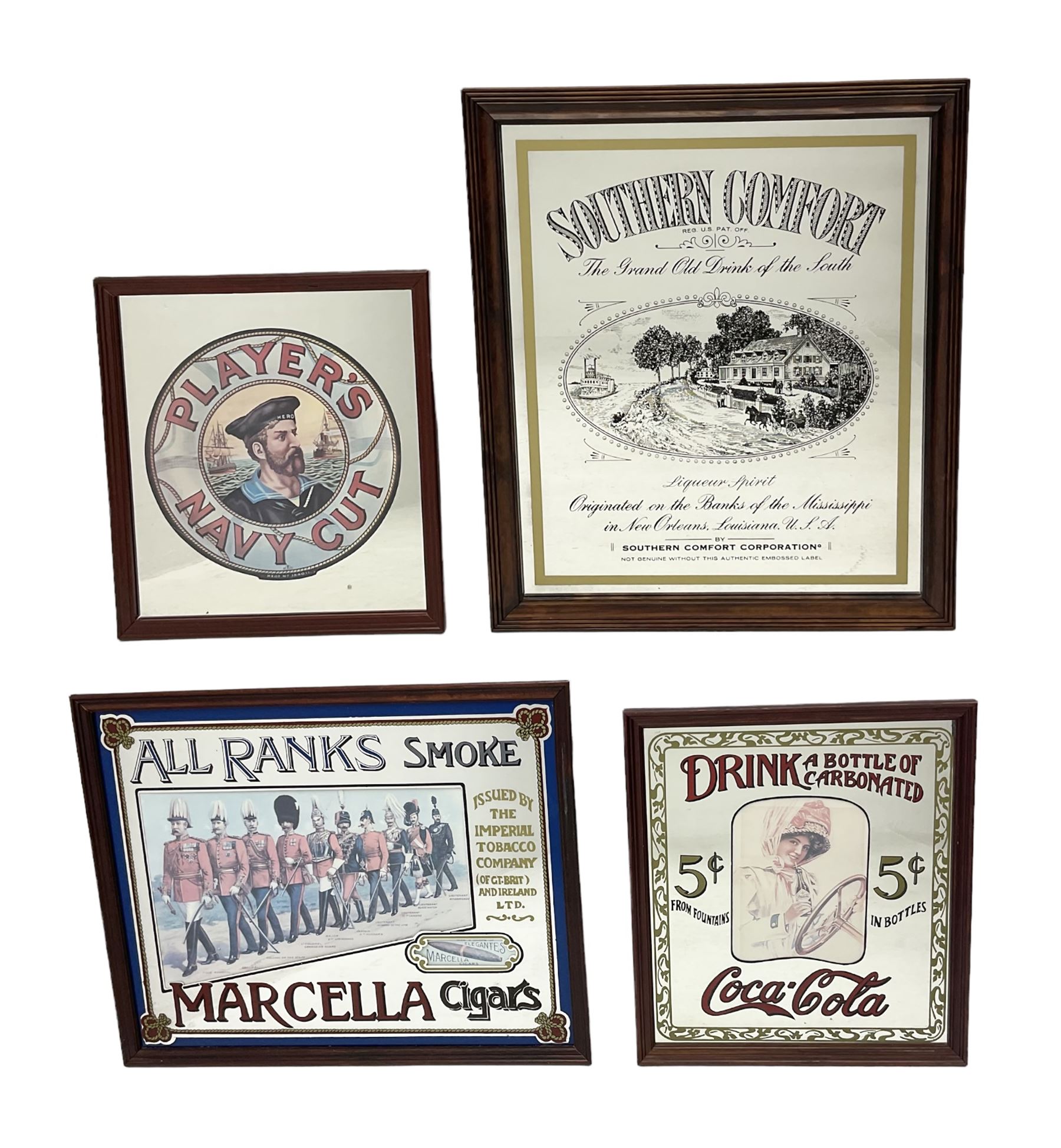 Four advertising mirrors, comprising of Southern Comfort, All Ranks smoke Marcella Cigars, Coca-Cola and Player's Navy Cut, largest example H70cm, L60.5cm