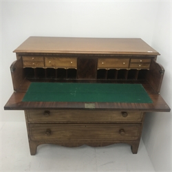 Early 19th century inlaid mahogany secretaire chest, single fall front enclosing fitted interior above three graduating drawers, shaped plinth base, W124cm, H120cm, D56cm