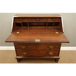  George III mahogany fall front bureau, fitted interior, four graduating drawers, on turned feet, W108cm, H112cm, D52cm  