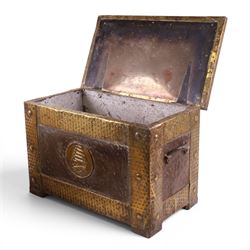 Arts and Crafts brass bound coal box, with sailing ship decoration to the front and lid, together with a similar slope fall front coal box, largest H36cm, 54cm

