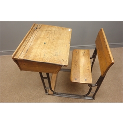  Vintage oak and cast iron school desk, hinged lid, folding seat, W67cm, H87cm, D90cm  