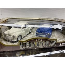 Two Bburago 1:18 scale die-cast models - Volkswagen New Beetle 1998 and Volkswagen Kafer-Beetle 1955; Corgi CC99109 Cooper 'S' three-piece set on dashboard stand; Saico 1956 Morris Minor 1000 limited edition twin-pack; and Corgi limited edition 59564 Guinness Scania Tanker and Drop-side lorry set; all boxed (5)