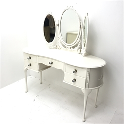 French style kidney shaped white painted dressing table, raised triple mirror back, one long and four short drawers, cabriole legs, W133cm, H133cm, D52cm