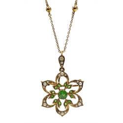  Early 20th century 15ct gold split seed pearl and green paste pendant brooch, on gold marine and ball link necklace stamped 9c  