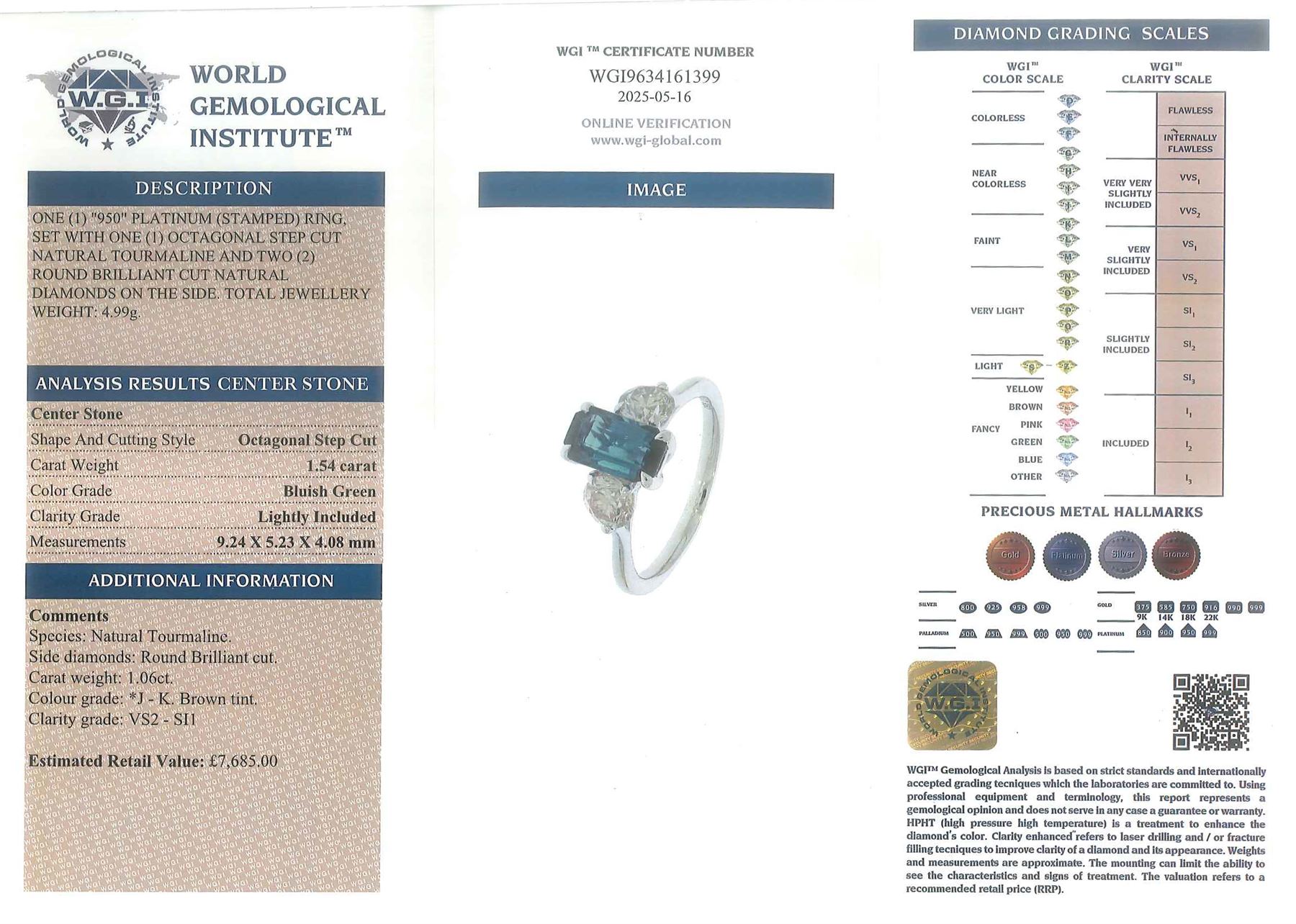 Platinum green tourmaline and diamond three stone ring, single octagonal cut tourmaline of 1.54 carat, with a single round brilliant cut diamond set either side, stamped Plat 950, total diamond weight 1.06 carat