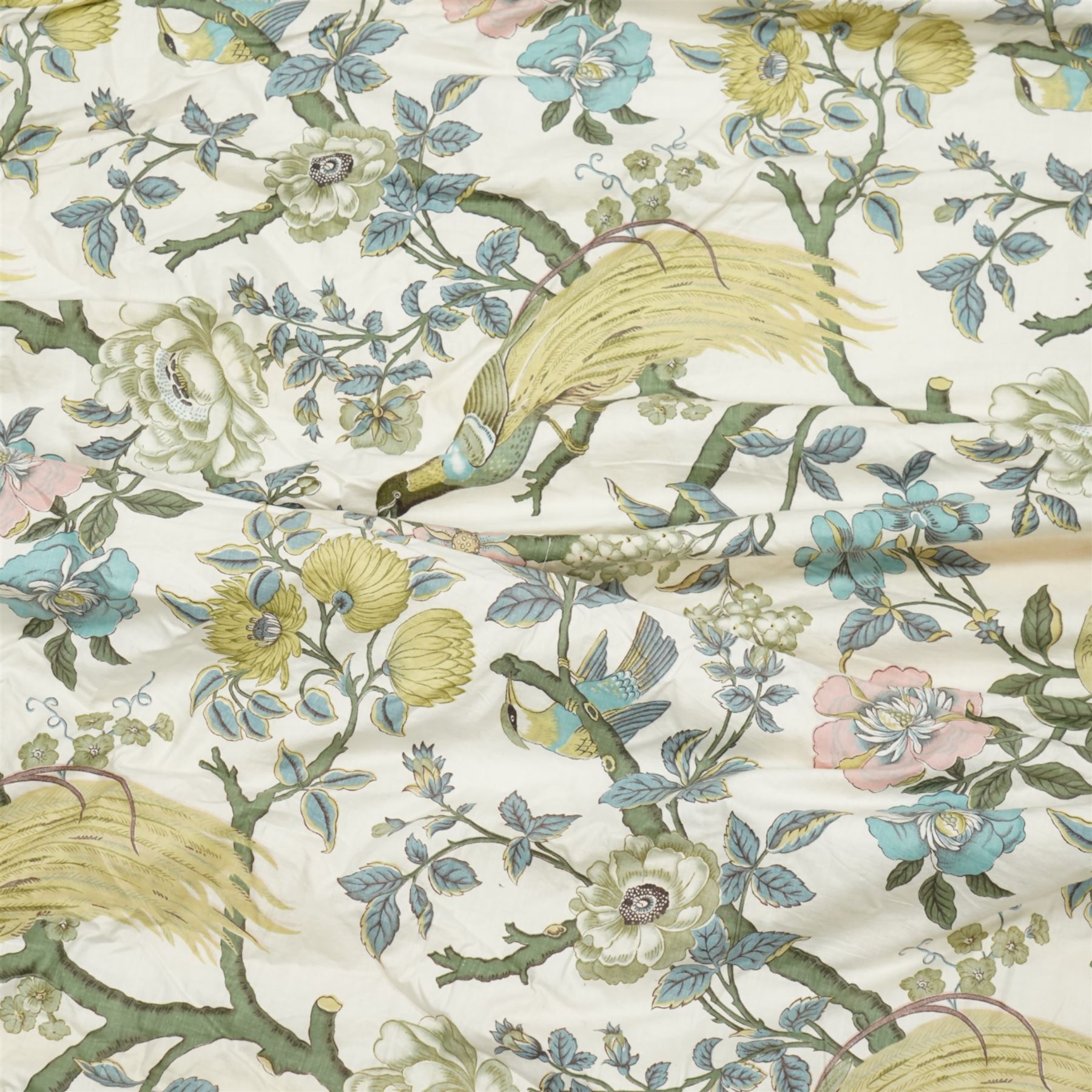 Pair of large quality full length lined and padded ivory ground curtains profusely decorated with birds of paradise and exotic flora, in a predominantly pastel palette

Pelmets W 335cm