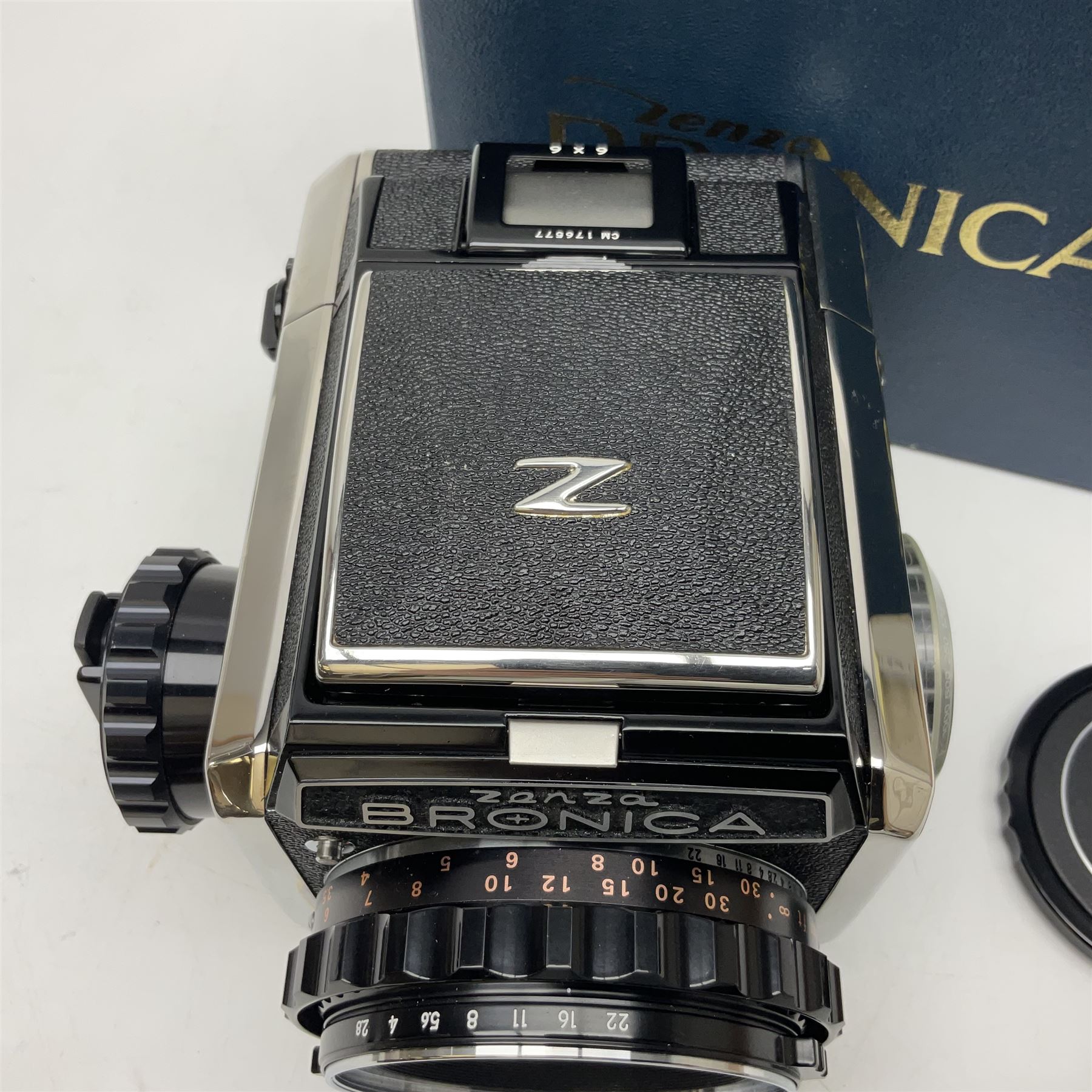 Bronica S2a, type 2 camera body, Serial no. CB152124, with 'Nikon NIKKOR-P 1:2.8 f=75mm' lens, serial no. 190143, in original box 