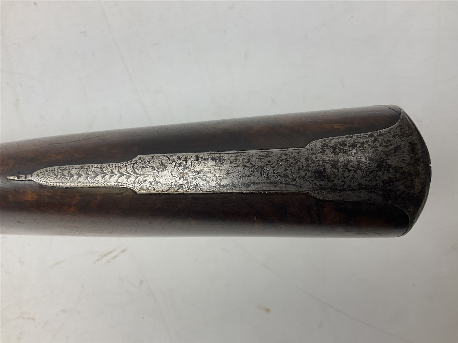 19th century John Jefferson of Scarborough 6-bore (modern 4-bore) double barrel side-by-side percussion gun, with 81cm stub twist damascus barrels (no provision for ramrod), well figured walnut stock with fine chequered grip and fore-end with horn tip and steel butt plate with long tang, well engraved lock and hammers with half-cock safeties on both sides, barrel sling swivel but rear sling swivel removed and replaced with silver escutcheon, London proofmarks, NVN, L128cm