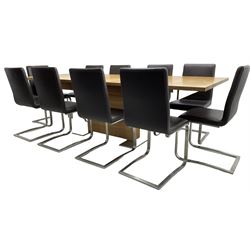 Contemporary walnut extending dining table, rectangular pull-out extending action top with two additional leaves, on rectangular base with burnished metal feet (160cm - 258cm x 100cm, H78cm); together with a set of ten cantilever dining chairs upholstered in stitched brown leather, on burnished metal supports 