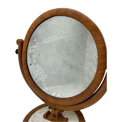 Victorian mahogany framed dressing table mirror, the circular plate held within a swing frame on a C-scroll support, the circular base with a marble inset over compressed bun feet
