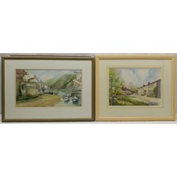 Don Micklethwaite (British 1936-): 'Omaha Beach Normandy', watercolour signed, titled and dated 2003 verso; David Kirby (British Contemporary): 'The Landing at Robin Hood's Bay', oil on board signed, titled and dated 2004 verso; Percy Hope (British 20th century): 'Staithes Beck', watercolour signed '99; Pauline Latham (British 20th century): Cottages on Hall Garth Lane West Ayton, watercolour signed, max 24cm x 43cm (4)